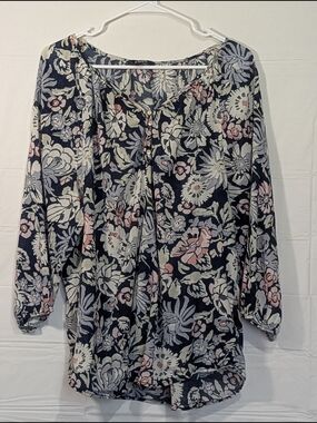 Chaps Floral Blouse 2X Navy Boho Peasant Top 3/4 Sleeve Cotton Plus Size